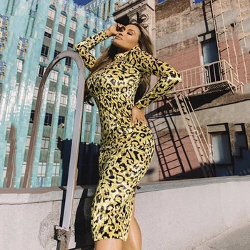 Nemokamas pristatymas žiemos naujas ponios mados leopardas spausdinti visą rankovės šiltas užtrauktuku ilga seksuali suknelė streetwear