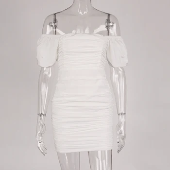 NewAsia Off Peties Balta Suknelė 2 Sluoksniai Žibintų Rankovės Mini Ruched Seksualus Bodycon Vasaros Suknelės Moteris Elegantiškas Atsitiktinis Šaliai, Skraistės