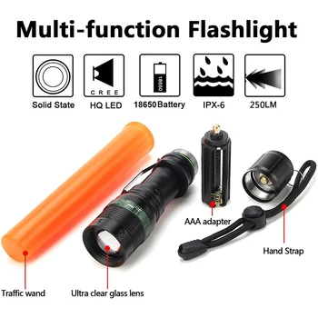 Nešiojamų Signalas Eismo Įspėjimas LED Žibintuvėlis su Virvelę 250 Liumenų Taktinis Akinimo Žibintuvėlis su Zoom Naudojant 18650 Baterija