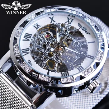 Nugalėtojas Vyrai, Mechaninė Žiūrėti Silver Crystal Akių Plieno Dirželis Automatinis Laikrodžiai Prabangus Laikrodis Verslo, Sporto Relogio Masculino