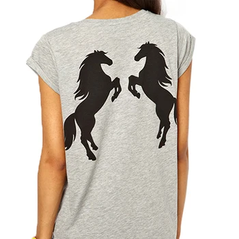 O Kaklo trumpomis Rankovėmis Laisvus Marškinėlius Moterims Vasaros Atgal Dvigubai Arklių Modelis Atspausdintas Pilka T-shirt