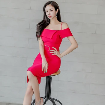 Off peties Vienas gabalas Ponios Raudona Vasaros Korėja elegantiškas Trumpas Rankovės Velniop Kaklo Office Bodycon Suknelė moterims