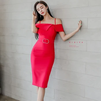Off peties Vienas gabalas Ponios Raudona Vasaros Korėja elegantiškas Trumpas Rankovės Velniop Kaklo Office Bodycon Suknelė moterims