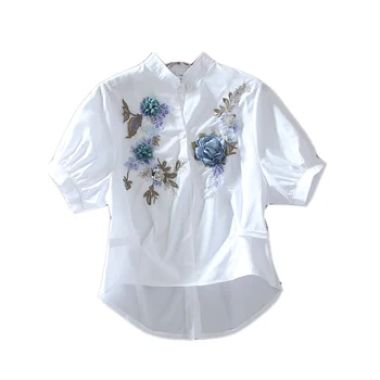 Originalaus Dizaino Sunkiųjų Stereo Gėlių Siuvinėjimas Aukšto Juosmens Trumpi Marškinėliai Trumpomis Rankovėmis Palaidinė Moterų Top Derliaus Palaidinės Vasaros Viršūnes
