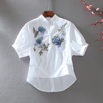 Originalaus Dizaino Sunkiųjų Stereo Gėlių Siuvinėjimas Aukšto Juosmens Trumpi Marškinėliai Trumpomis Rankovėmis Palaidinė Moterų Top Derliaus Palaidinės Vasaros Viršūnes