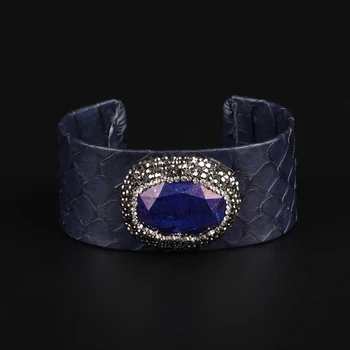 Ovalo formos royal blue lazuritas akmuo granulių žavesio nutiesti kalnų krištolas, giliai mėlynos spalvos gyvatės odos pločio wrap atidaryti bangle apyrankės moterims