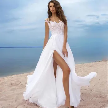 Paprasta Paplūdimys Vestuvių Suknelės-Line Šifono Vestuvių Suknelės Nėrinių Liemenė Ritininės vestidos de novia 2020 Nuotakos Suknelė