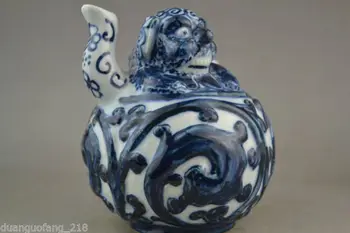 Parengti Kolekcines Kinijos mėlynos ir baltos spalvos porceliano dragon šuns statula virdulys arbatinukas