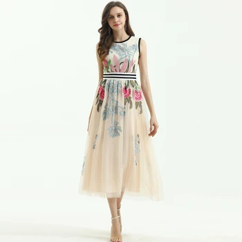 Pavasario Vasaros Moterų Suknelė Gėlių Siuvinėjimo Mados Šalis Elegantiškas Vakaras Ilgas Akių Suknelė Apvalios Kaklo Vestidos 2021