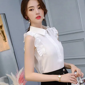 Pavasarį, Vasarą 2019 Moterų Baltos Spalvos Marškinėliai Be Rankovių Marškinėliai Korėjos Atvartas Pynimas Moterų Streetwear Slim Šifono Palaidinė Office Lady Viršų