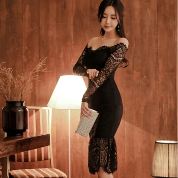 Pavasarį naują han edition priemiestinių padaryti juoda auginti vieną dorovės rodo, plonas peties nėrinių suknelė seksualus žodį