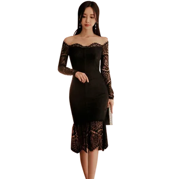Pavasarį naują han edition priemiestinių padaryti juoda auginti vieną dorovės rodo, plonas peties nėrinių suknelė seksualus žodį