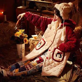 Pavasarį, Žiemą Šilta Pajama 3-Sluoksnis Įrašą Medvilnės Sleepwear Aukštos Kokybės Flanelė Moterų Pižamos Animacinių filmų Anime Pijamas Nustatyti Namų Drabužiai
