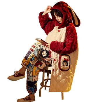 Pavasarį, Žiemą Šilta Pajama 3-Sluoksnis Įrašą Medvilnės Sleepwear Aukštos Kokybės Flanelė Moterų Pižamos Animacinių filmų Anime Pijamas Nustatyti Namų Drabužiai