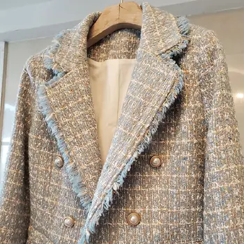 Pledas Tvido Švarkai Moterų Derliaus Office Dizaineris Dvigubo Breasted Žiemos Paltai Ilgomis Rankovėmis Įpjovomis Outwear Kutas Elegantiškas B579