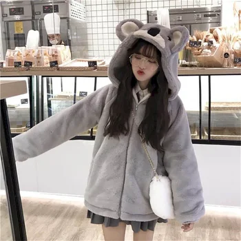 Pliušinis striukė moterų 2020 m. rudens žiemos naujas Japonų minkštas mergina mielas koala ausies gobtuvu striukė studentų sutirštės furry striukė mergaitei