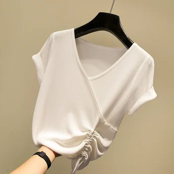 Plonas V-kaklo ledo šilko trumpas rankovės marškinėliai moterims plonas megztas tee marškinėliai femme nereguliarus vasaros viršūnes 2020 naują atvykimo