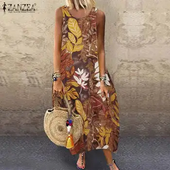Plus Size 2021 ZANZEA Vasarą Moterys Derliaus Gėlių Spausdinti Sundress Bohemijos Ilga Suknelė Paplūdimio Vestido Sarafans Rankovių Suknelės