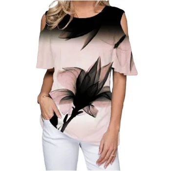 Plus Size 5XL Moterys Naujas 3D Spausdinimo Gėlių Tee Marškinėliai Femme Kinų Stiliaus Rašalo Spausdinimo Atsitiktinis Trumpas Tshirts Vasaros Viršūnes Ponios O-kaklo