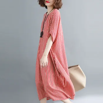 Plus Size Prarasti Raudona Moterų Suknelės, 2021 M. Vasarą Naujas Dryžuotas Medvilnės Skalbiniai Atsitiktinis Lady Elegantiškas Suknelės, Aukščiausios Kokybės