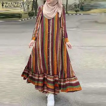 Plus Size Rudenį Spausdinti Suknelė, Hijab ZANZEA Retro Moterų Musulmonų Sundress ilgomis Rankovėmis Pynimas Vestidos Moterų Mygtuką Maxi Skraiste