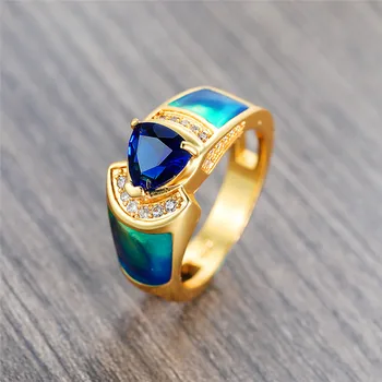 Prabanga Moterų Mėlynas Trikampis Žiedas Crystal Mielas Cirkonis Aukso Vestuviniai Žiedai Moterims Senovinių Vestuvių Geometrinis Vestuvinis Žiedas