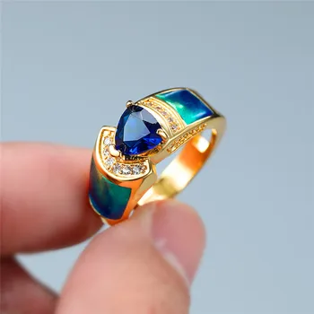 Prabanga Moterų Mėlynas Trikampis Žiedas Crystal Mielas Cirkonis Aukso Vestuviniai Žiedai Moterims Senovinių Vestuvių Geometrinis Vestuvinis Žiedas