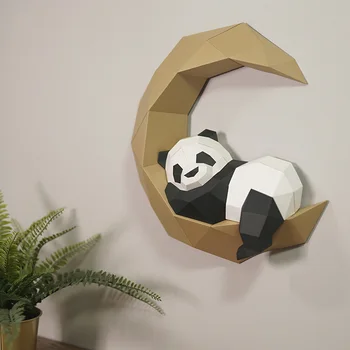Pre-cut Mėnulis Panda Gyvūnų Popieriniai Sienų Dekoras 3D Apdaila,Low Poly Papercraft,Rankų darbo 