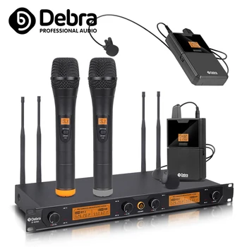 Profesionalus !!Debra D-240 4 Kanalas, UHF Bevielio Mikrofono Sistema Su Nešiojamą laisvų Rankų įrangą Lavalier Mic Kalbėjimo Karaoke Šalis