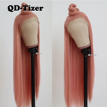 QD-Tizer Rausvos spalvos, Ilgi Tiesūs Plaukai, Nėriniai Priekiniai Perukas Glueless Karščiui Atsparių Sintetinių Nėriniai Priekiniai Perukas Su Šukos&Dirželiai