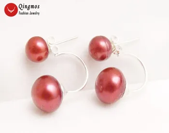 Qingmos Priekio Atgal Natūralių Perlų Auskarai Moterims su 8-11mm Raudona Butas Apvalios Perlas Dvipusis Auskarai Fine Jewelry ear703