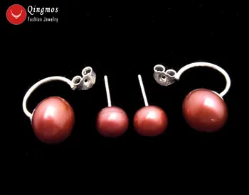 Qingmos Priekio Atgal Natūralių Perlų Auskarai Moterims su 8-11mm Raudona Butas Apvalios Perlas Dvipusis Auskarai Fine Jewelry ear703