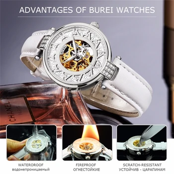 Reloj Mujer BUREI Prekės ženklo Moterys Mechaniniai Laikrodžiai Ponios Prabangos Vandeniui atsparus Safyro Kristalų Automatinis Laikrodis Relogio Feminino