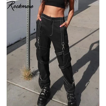 Rockmore Black, Gothic Kišenės Krovinių Kelnės Moterims, Kelnės Juostelės Streetwear Punk Didelio Juosmens Pločio Kojų Kelnės Poilsiu 90s Streetwear