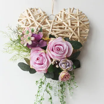 Rotango Širdies formos Rose girliandą durų apdailos vestuvių šilko gėlių vainikas sienų apdaila