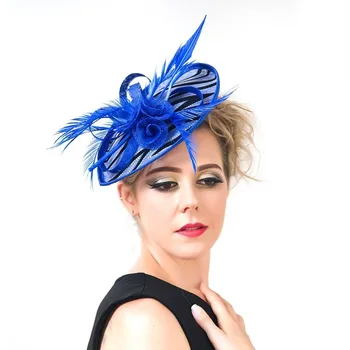 Royal Blue Moterų Sinamay Fascinator Skrybėlė Vestuvių Elegantiška Moteriška Skrybėlaitė Skrybėlę Gėlių Ponios Derby Skrybėlės Bažnyčios Suknelė Šalis Fedora