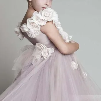 Rožinis Tiulis Gėlių Mergaičių Suknelės Su Hand Made 3D Gėlės, Uždusęs Inscenizacija Šalis, Chalatai Ruffles Pakopų Vaikai Oficialų Nešioja