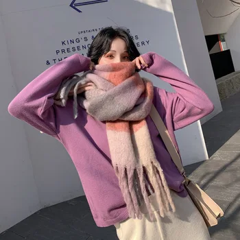 Rudens Skara Moterų Korėjos Šiltas Vaivorykštė Dryžuotas Kašmyro Skara 2020 M. Žiemos Moterų Sutirštės Šiltas Super Ilgas Stoles Pashmina Hijab