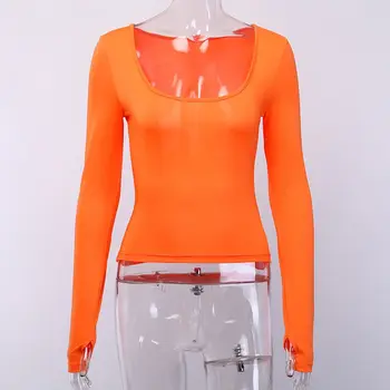 Rudenį Ir Žiemą Naują Atsitiktinis Mados vientisos Spalvos marškinėliai Nykščio Sagtis ilgomis rankovėmis Marškinėliai Moteriška Orange Viršūnės