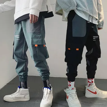Rudenį Japonijoje Poilsiu Vyrų Juodos Haremo Kelnės Multi-pocket Juostelės Vyras Sweatpants Streetwear Atsitiktinis hip-Hop Mens Krovinių Kelnės