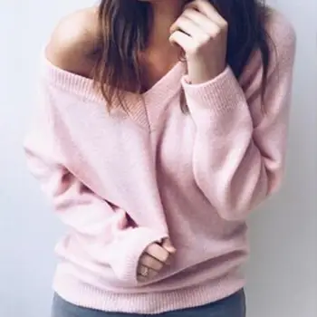 Rudenį ir žiemą moteris rankovės seksualus V-kaklo džemperis mados paprasta vientisos spalvos laukinių megztinis atsitiktinis palaidų apykaklės megztinis marškinėliai