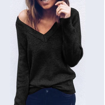 Rudenį ir žiemą moteris rankovės seksualus V-kaklo džemperis mados paprasta vientisos spalvos laukinių megztinis atsitiktinis palaidų apykaklės megztinis marškinėliai