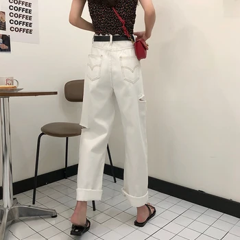 S-XL vasaros korėjos ins stilius laisvas moterų balta ilgai džinsinio audinio kelnės aukštu juosmeniu tiesiai skylę džinsai moterų (72770)