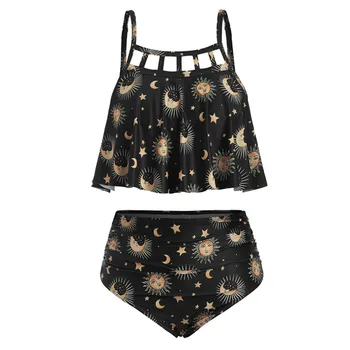 SAGACE Flounce High Waisted Bikini Moterims Saulės, Žvaigždžių, Mėnulio Flounce Runched Tankini maudymosi kostiumėlį Plius Dydis maudymosi Kostiumėliai Moterims 2019