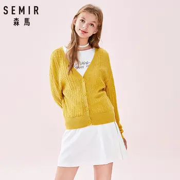 SEMIR Megztinis moterų 2020 m. pavasarį ir rudenį naujas megztinis megztinis V-kaklo, tuščiaviduriai dizaino medvilnės outwear