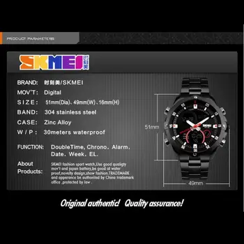 SKMEI Full Steel Vyrai Žiūrėti Vandeniui Mados Skaitmeninis Kvarciniai Laikrodžiai LED Daugiafunkcį Sporto Žiūrėti Vyrų Relogio Masculino