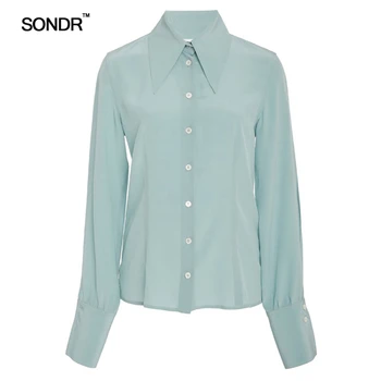 SONDR 2019 m. pavasarį aukštas moterų emuliacija šilko šifono pasiūtas drabužiu fork įvorės mėtų mėlyna satino marškinėliai ilgomis rankovėmis marškinėliai