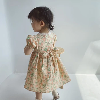 Senovinių gėlių suknelė mergaitėms vasaros drabužių trumpomis rankovėmis kūdikiams, vaikams tutu suknelė medvilnės skalbiniai bamblys mergaičių drabužiai vaikams