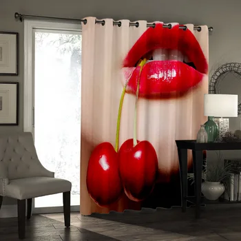 Sexy Moteris Raudonos Lūpos Su Vyšnių Lango Gydymo Užuolaidos Valance Gyvenamasis Kambarys, Virtuvė, Patalpų Apklotai Dekoras Vaikų Kambario Užuolaidos