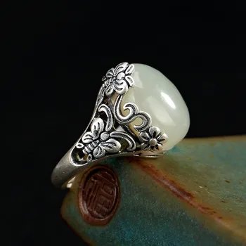 Sidabras 925 žiedo Sterlingas sidabro moteris žiedas, bižuterijos derliaus topazas Derliaus drugelis gėlių inkrustacijos su jade atidarymas